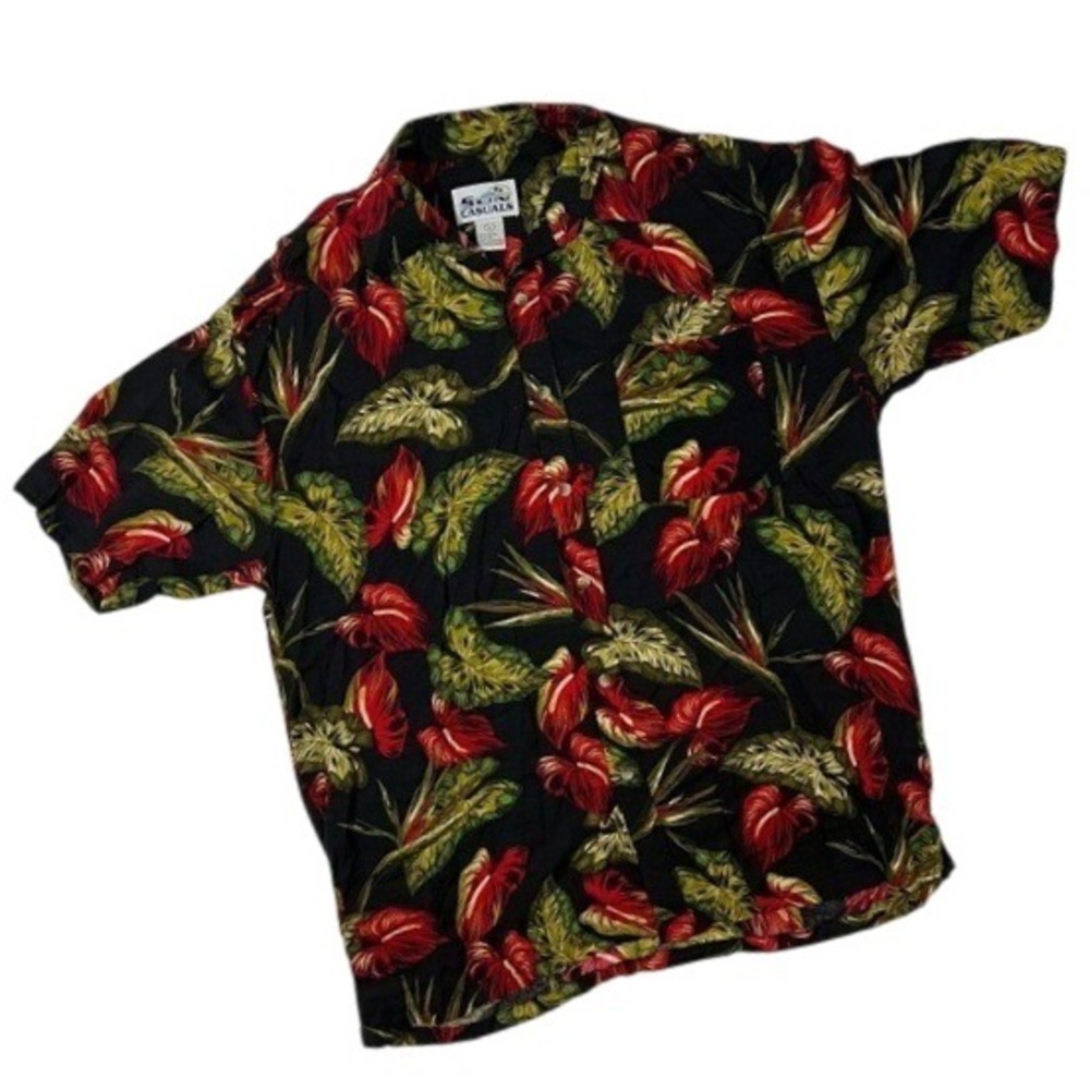 Sun Casual Men's Large Rayon Vintage Hawaiian Red Black Green Short Sleeve Shirt